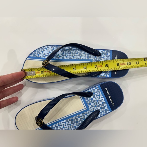 Tory Burch sandals tong flip flop Logo Navy Octagon Wedge poolside 8.5 - Picture 7 of 8